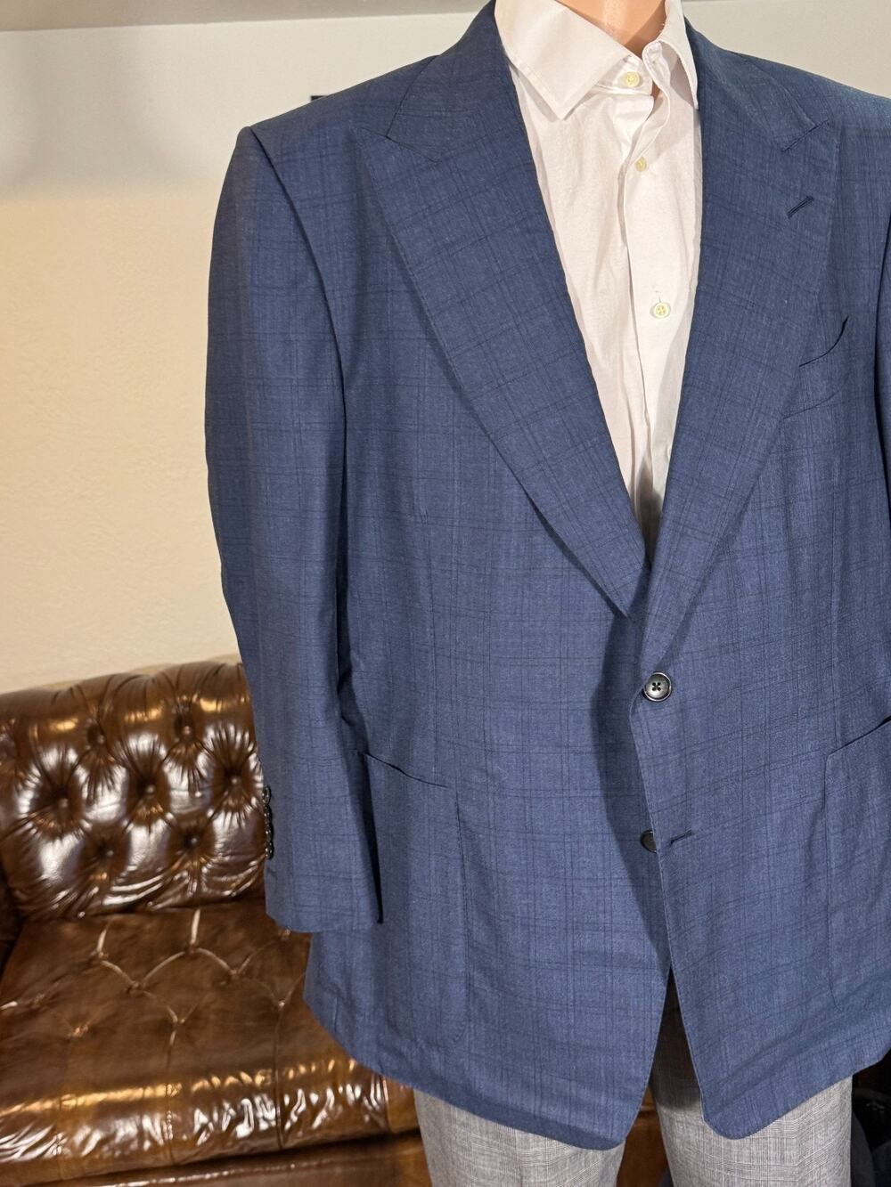 Copied - Tom Ford Blue Plaid Blazer 58C EU) 48S US Men's Peak Lapel Windsor Wool